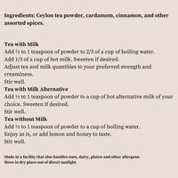 Instructions for making Masala Chai having Ceylon tea powder, cardamom, cinnamon, and other assorted spices.