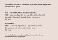 Instructions for using Turmeric Latte with ingredients and preparation methods.
