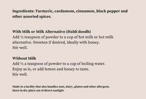 Instructions for using Turmeric Latte with ingredients and preparation methods.